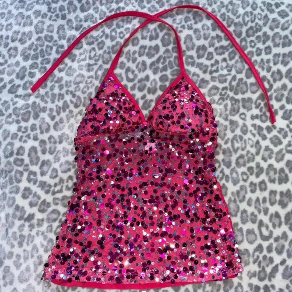 Lipstick y2k hot pink sequin halter top